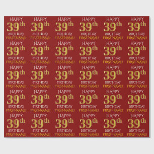 Papier Cadeau Rouge, Faux Or "HEUREUX 39ème anniversaire"