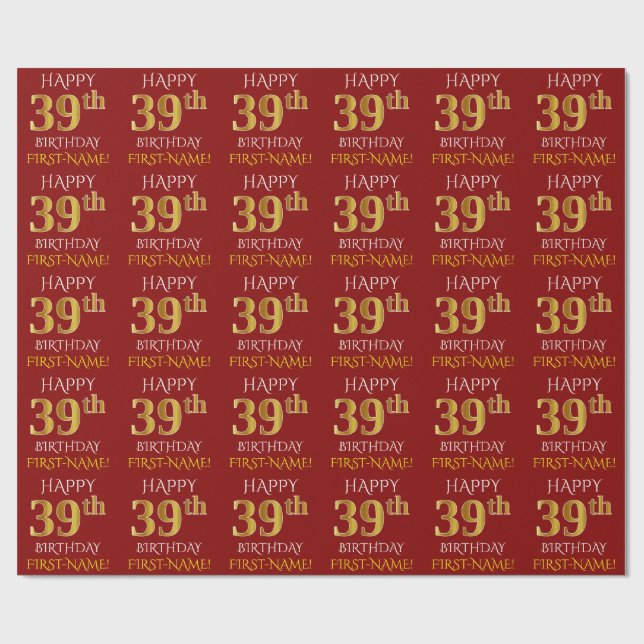 Papier Cadeau Rouge, Faux Or "HEUREUX 39ème anniversaire" (Plat)