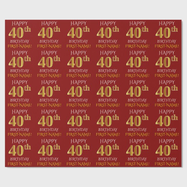 Papier Cadeau Rouge, Faux Or "HEUREUX 40e anniversaire" (Plat)