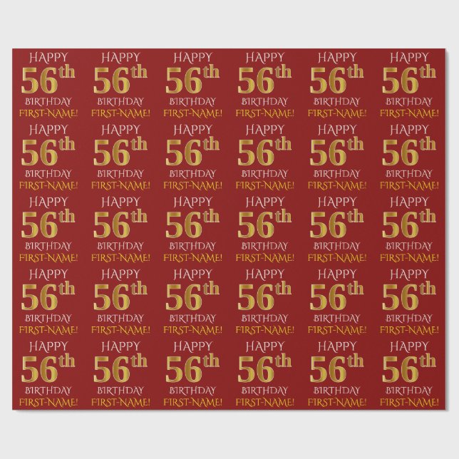 Papier Cadeau Rouge, Faux Or "HEUREUX 56ème anniversaire" (Plat)