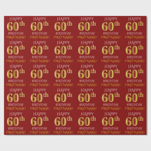 Papier Cadeau Rouge, Faux Or "HEUREUX 60e anniversaire" (Plat)