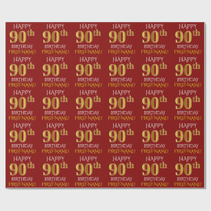Papier Cadeau Rouge, Faux Or "HEUREUX 90ème anniversaire"