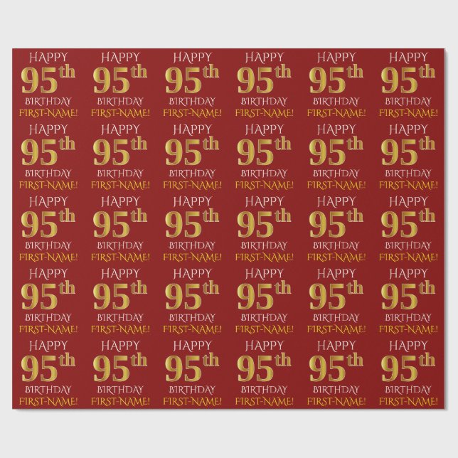 Papier Cadeau Rouge, Faux Or "HEUREUX 95ème anniversaire" (Plat)