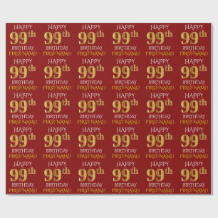 Papier Cadeau Rouge, Faux Or "HEUREUX 99ème anniversaire"