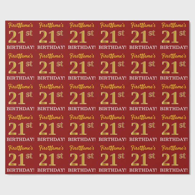 Papier Cadeau Rouge, Imitation Gold Look "21ème anniversaire" (Plat)