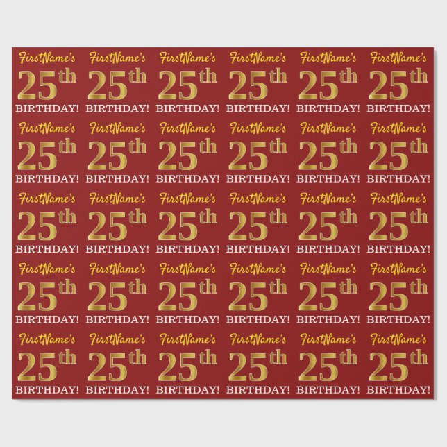Papier Cadeau Rouge, Imitation Gold Look "25e anniversaire" (Plat)