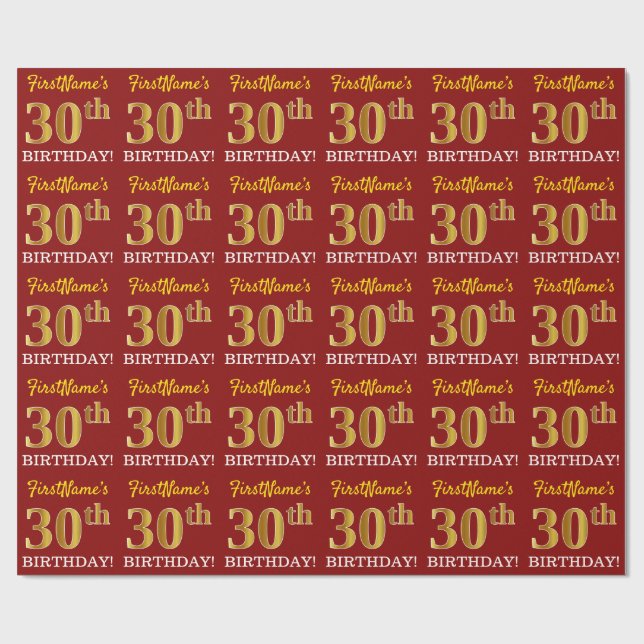 Papier Cadeau Rouge, Imitation Gold Look "30e anniversaire" (Plat)