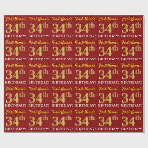 Papier Cadeau Rouge, Imitation Gold Look "34th BIRTHDAY"