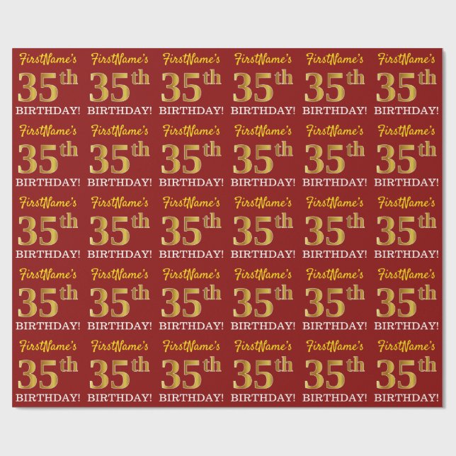 Papier Cadeau Rouge, Imitation Gold Look "35e anniversaire" (Plat)