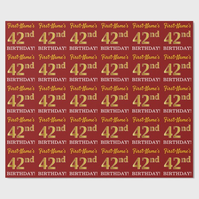 Papier Cadeau Rouge, Imitation Gold Look "42e anniversaire" (Plat)