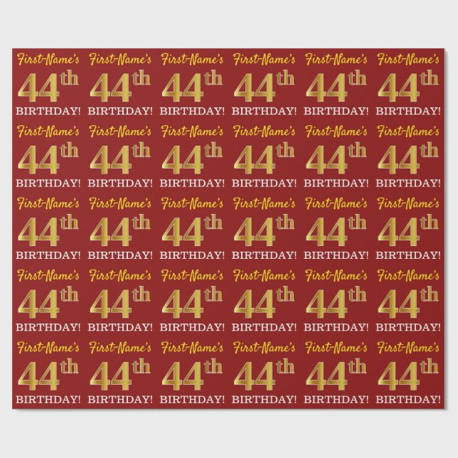 Papier Cadeau Rouge, Imitation Gold Look "44th BIRTHDAY" (Plat)