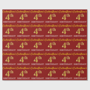 Papier Cadeau Rouge, Imitation Gold Look "4th BIRTHDAY"