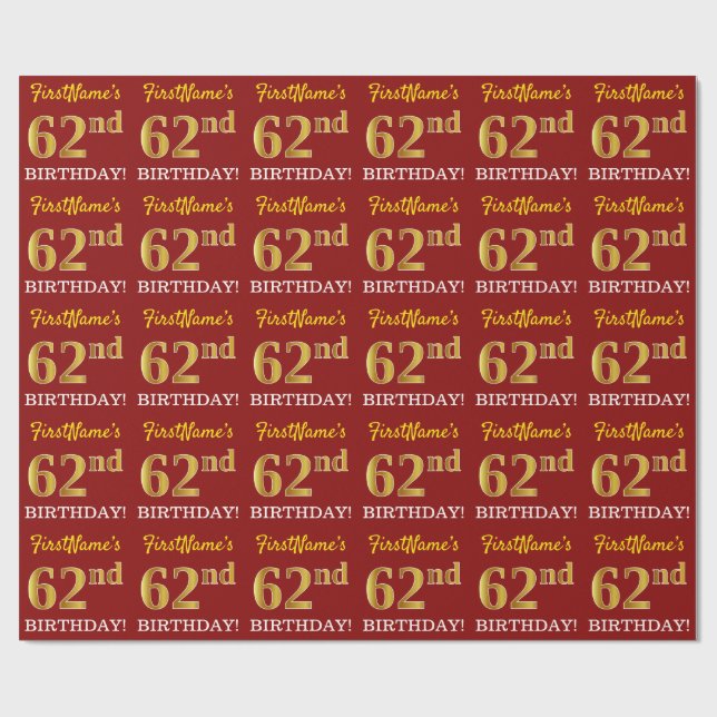 Papier Cadeau Rouge, Imitation Gold Look "62e anniversaire" (Plat)