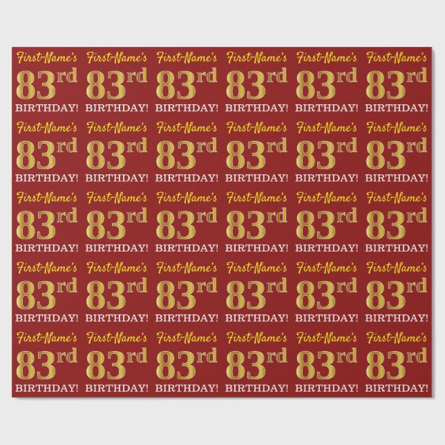 Papier Cadeau Rouge, Imitation Gold Look "83ème anniversaire" (Plat)