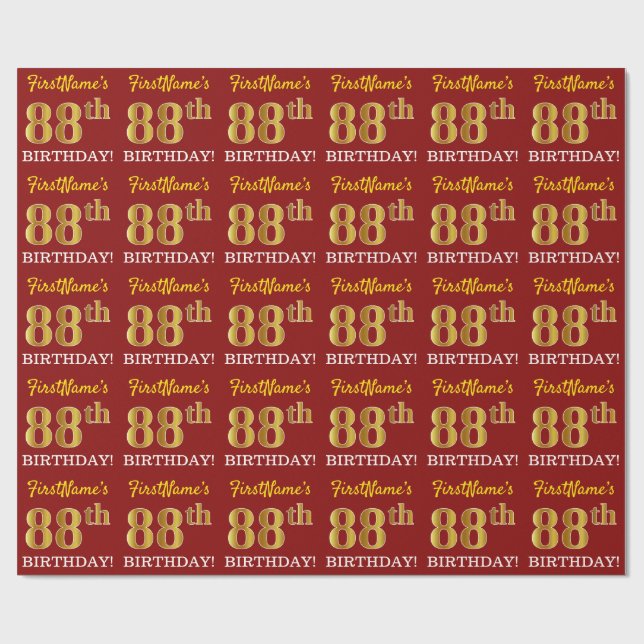 Papier Cadeau Rouge, Imitation Gold Look "88e anniversaire" (Plat)