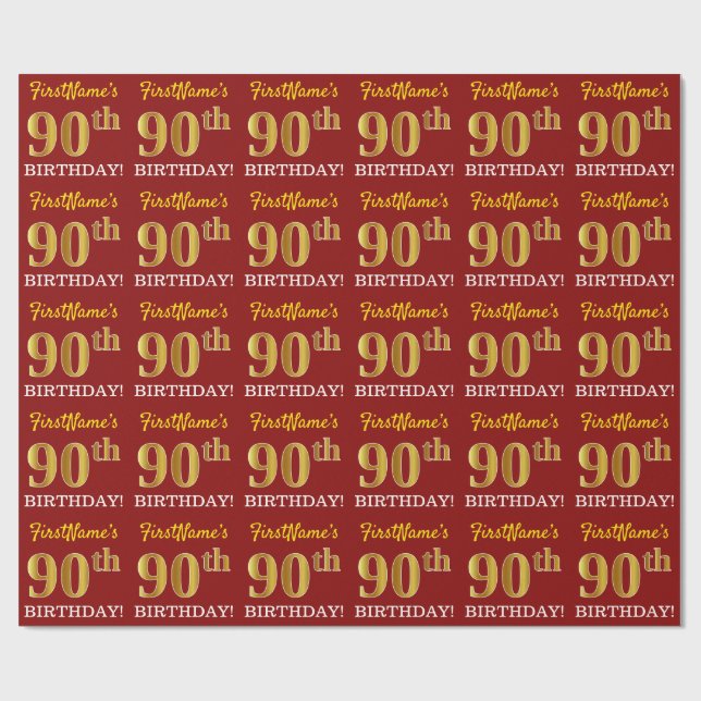 Papier Cadeau Rouge, Imitation Gold Look "90e anniversaire" (Plat)