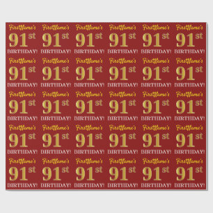 Papier Cadeau Rouge, Imitation Gold Look "91ème anniversaire"