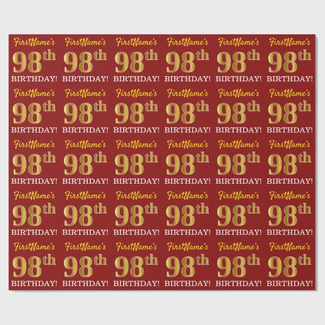 Papier Cadeau Rouge, Imitation Gold Look "98e anniversaire" (Plat)