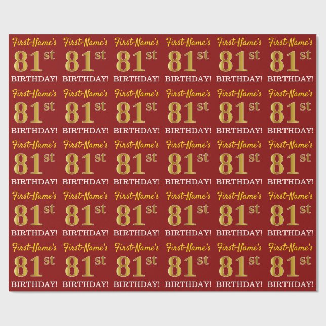 Papier Cadeau Rouge, Imitation or Look "81ème anniversaire" (Plat)