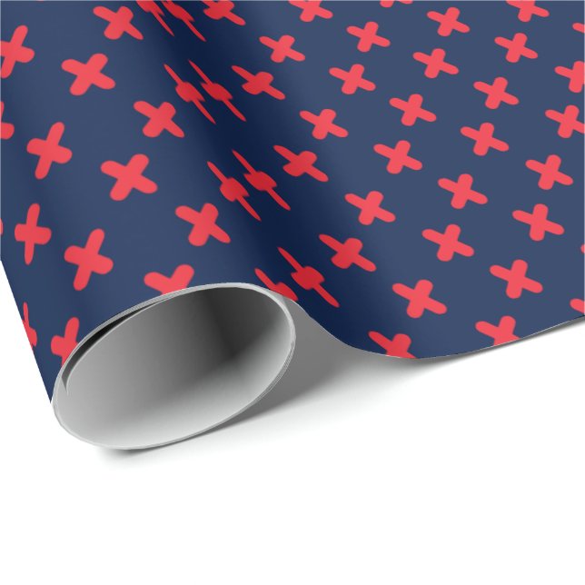 Papier Cadeau Rouge minuscule de Xs sur le bleu marine (Coin rond)