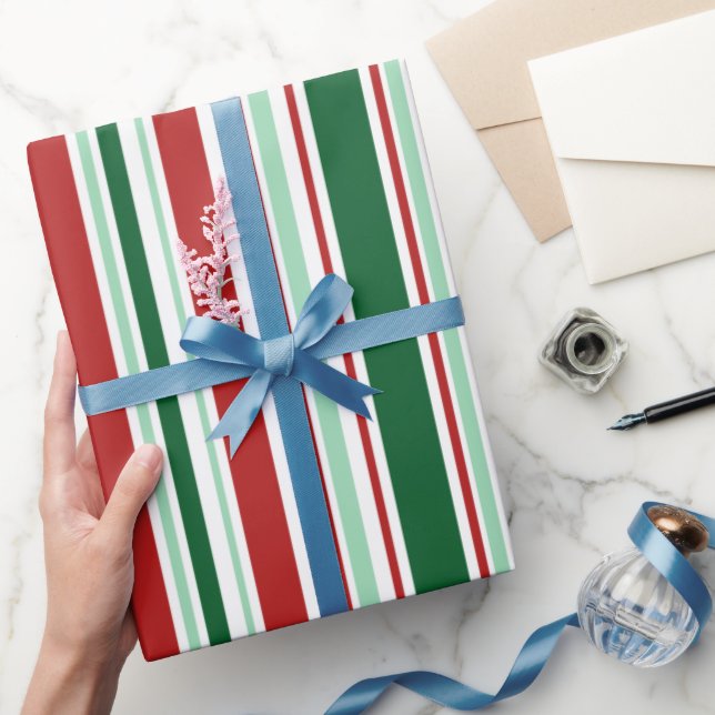 Papier Cadeau Rouge moderne, vert, blanc Grandes bandes de Noël (Cadeaux)