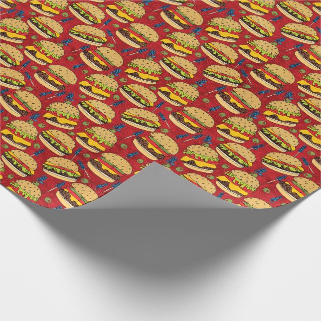 Papier Cadeau Rouge Motif Cheeseburger (Coin)