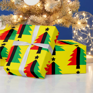 Papier Cadeau Rouge Noir Vert Kwanzaa Arbre de Noël Jaune