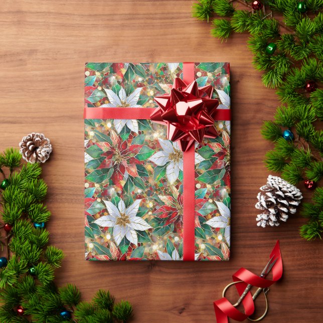 Papier Cadeau Rouge or blanc Poinsettia (Cadeau de vacances)