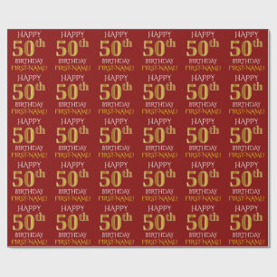 Papier Cadeau Rouge, or "JOYEUX cinquantième ANNIVERSAIRE " de