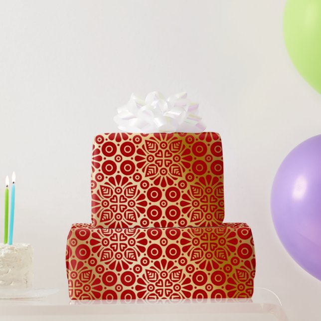 Papier Cadeau Rouge or oriental motif élégant (Cadeaux de fête)