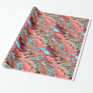 Papier Cadeau Rouge, orange et motif marbré par turquoise