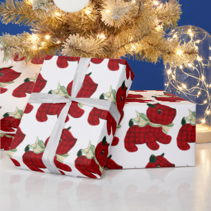 Papier Cadeau Rouge, Plaid écossais, Chien Terrier, Noël