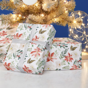 Papier Cadeau Rouge Poinsettia Aquarelle Florale de Noël
