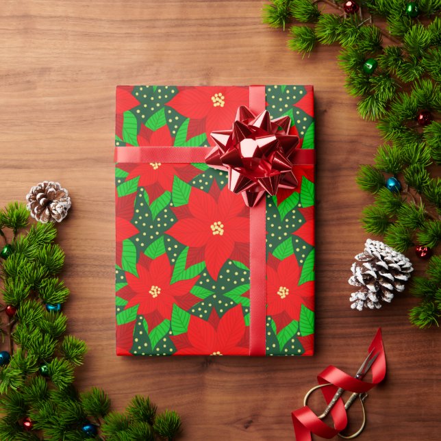 Papier Cadeau Rouge Poinsettia Fleur Botanique Motif de vacances (Cadeau de vacances)