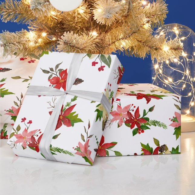 Papier Cadeau Rouge Poinsettia Floral Motif de vacances (Vacances)
