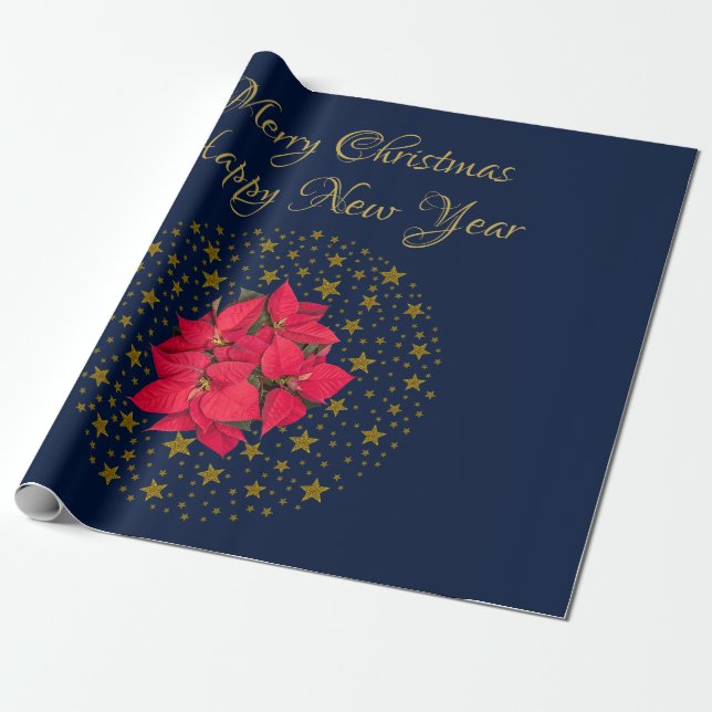 Papier Cadeau Rouge Poinsettia Plante sur un ciel étoilé brillan (Déroulé)