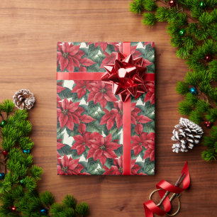 Papier Cadeau Rouge Poinsettias Feuilles verts