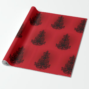 Papier Cadeau Rouge profond avec lustres noirs
