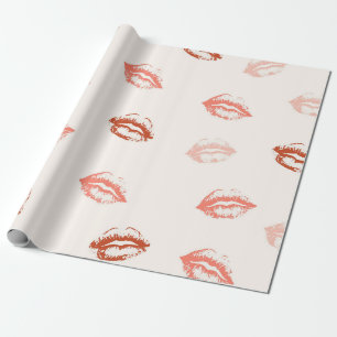 Papier Cadeau Rouge Romantique et Baiser au Rouge à Lèvres Rose
