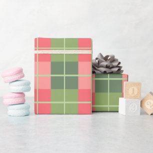 Papier Cadeau Rouge rose et Carrés verts Sage