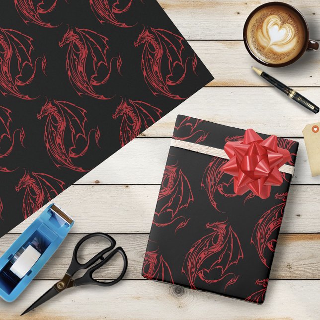 Papier Cadeau Rouge Tribal Dragon Noir (Créateur téléchargé)