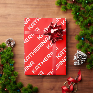 Papier Cadeau Rouge Uni Nom Classique Blanc