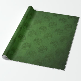 Papier Cadeau Rouge Vert Imprimé Dragon Rustique Vintage