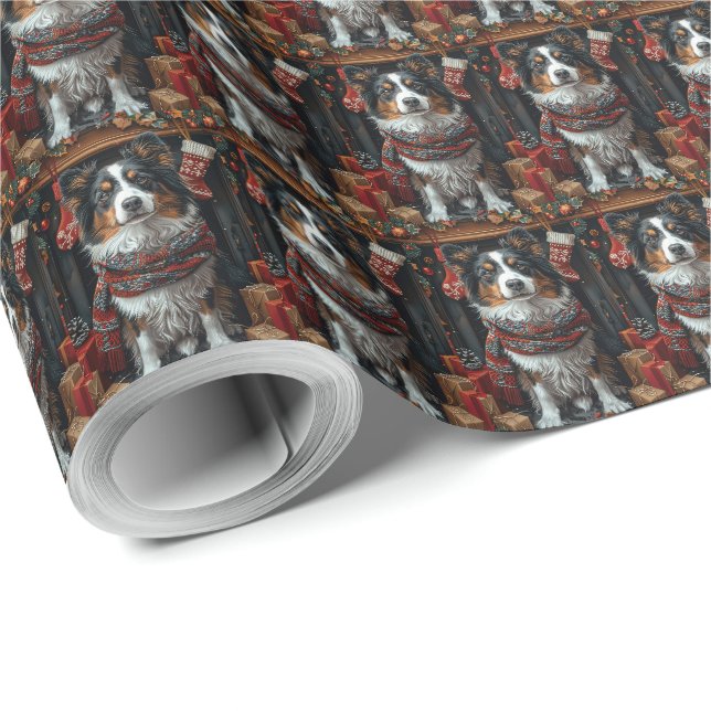 Papier Cadeau Rough Collie Chien Avec Cadeaux De Noël Cheminée (Coin rond)