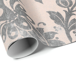 Papier Cadeau Rougissent la damassé sale de poudre florale grise