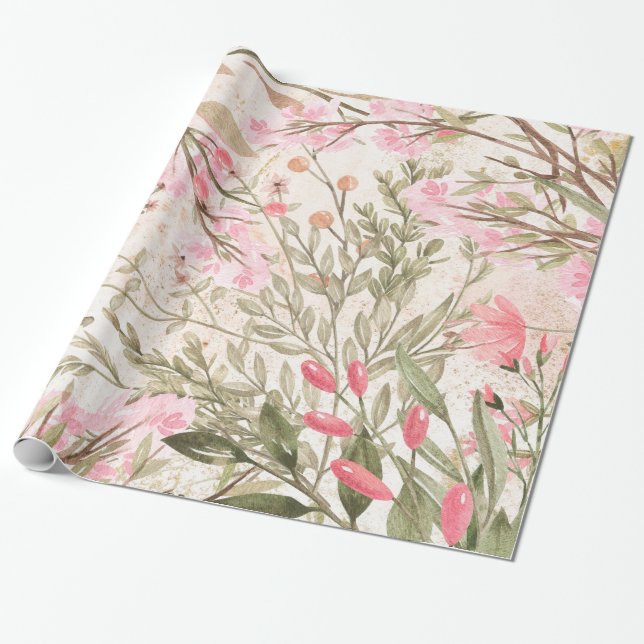 Papier Cadeau Rougissent l'aquarelle de corail rose de vert (Déroulé)