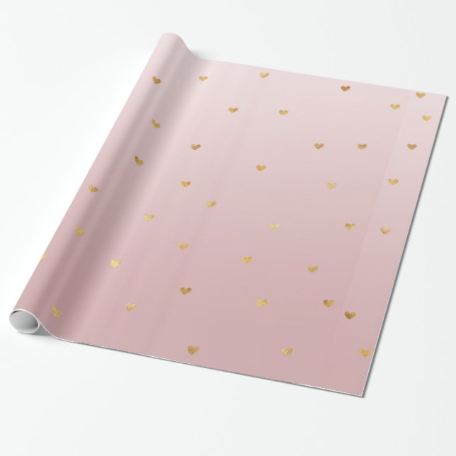 Papier Cadeau Rougissent les coeurs d'or d'Ombre de rose rose (Déroulé)