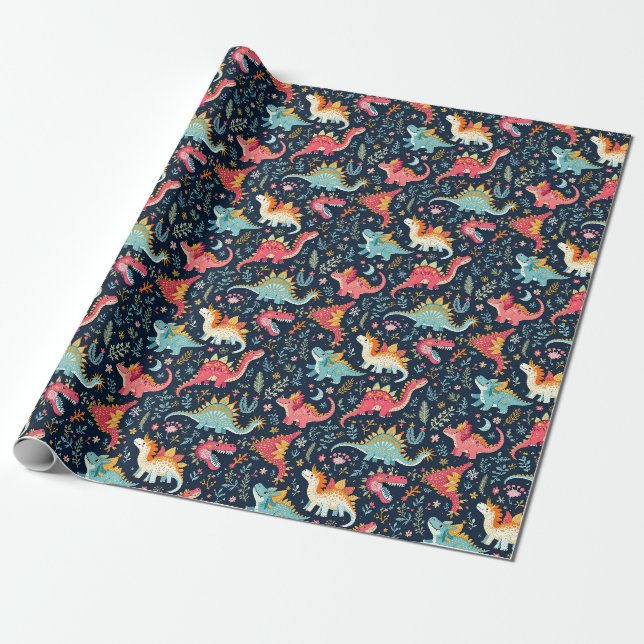 Papier Cadeau Rouleau de papier enveloppant de dinosaure de Noël (Déroulé)