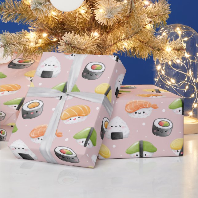 Papier Cadeau rouleaux de sushi kawaii, motif sushi (Vacances)