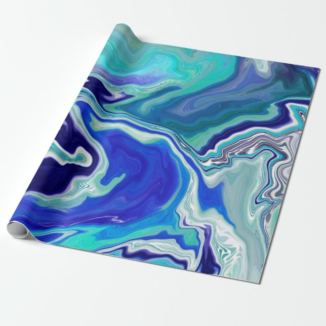 Papier Cadeau Royal Blue et Marbre blanc Waves Fluid Art (Déroulé)